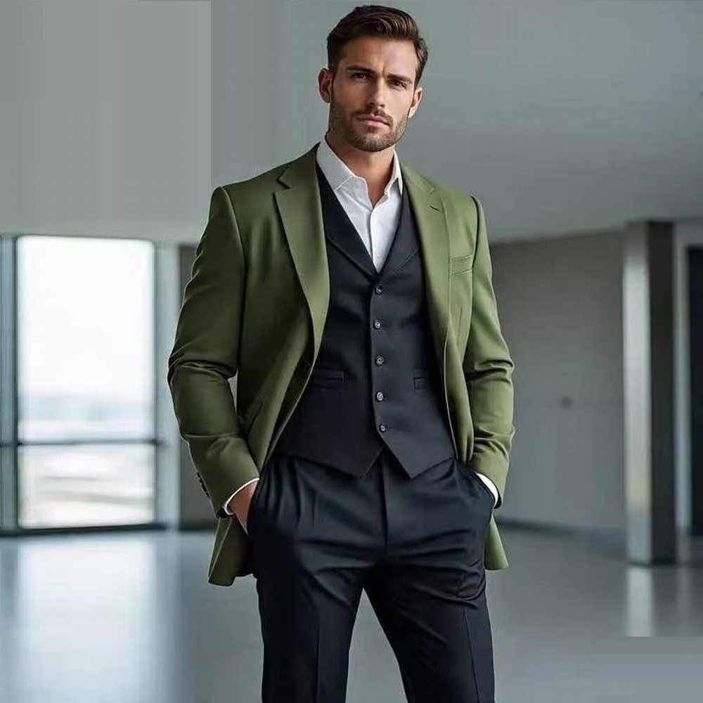 Men'S Fashion Formal - بدلة رجالية رسمية باللون الأخضر العسكري