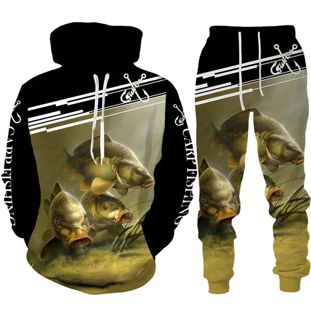 Mens Fashion Camo Pants - طقم هودي وبنطال مطبوع عليه سمكة