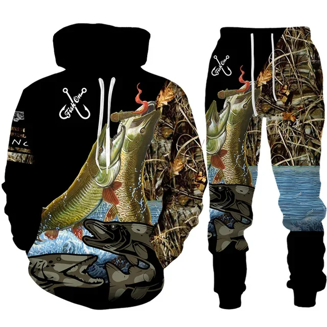 طقم هودي وبنطال مطبوع عليه سمك - مراجعة Mens Fashion Camo Pants وسعره